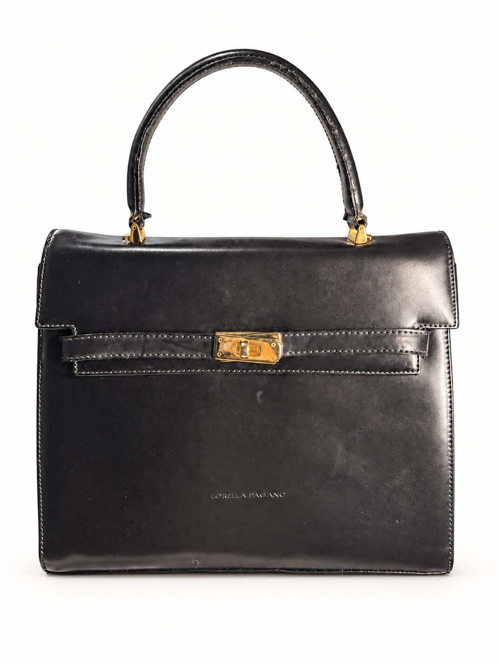 Black Leather Structured Satchel with Gold Hardware Kelly style